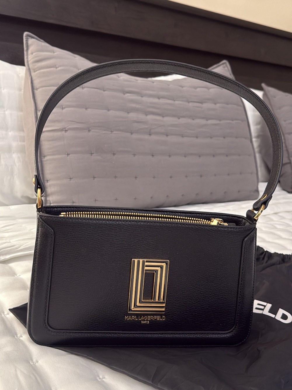Karl Lagerfeld Black Leather Shoulder Bag with Gold Emblem